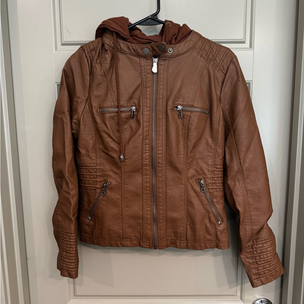 Brown Leather Jacket with Hood